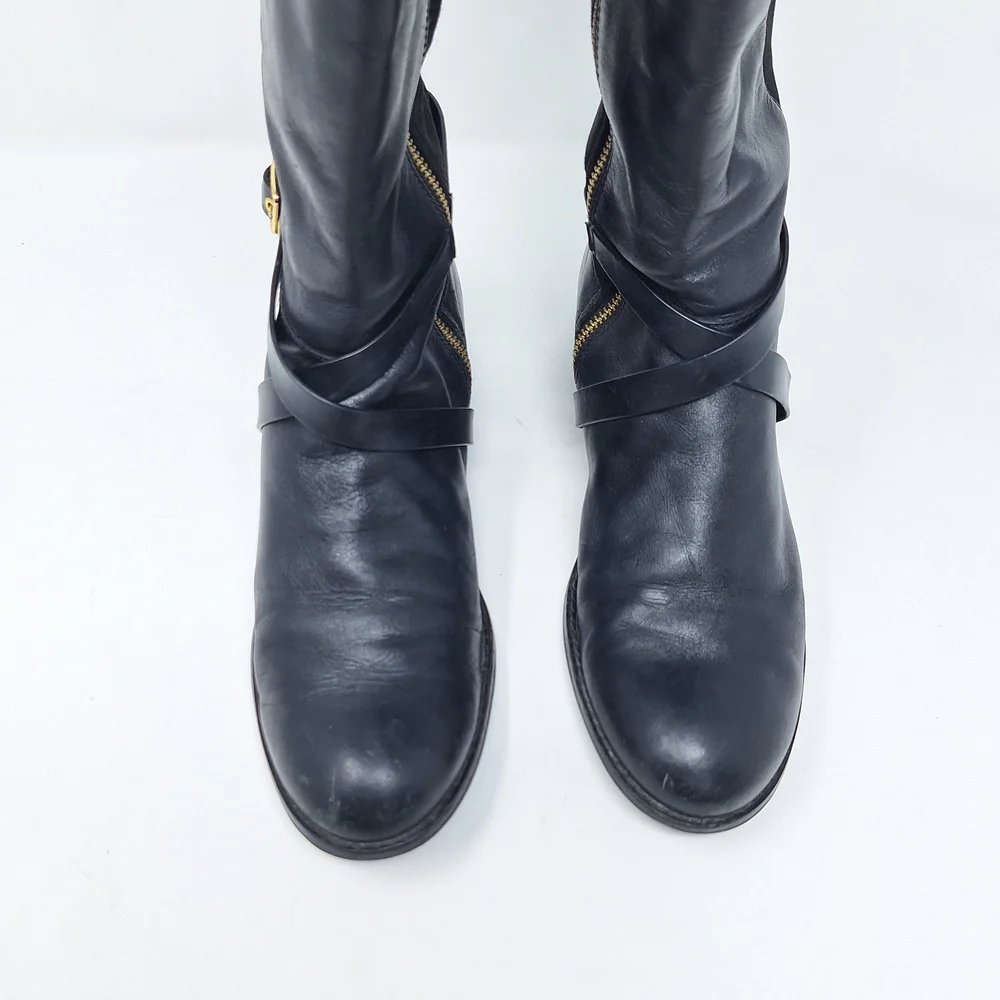 Cole Haan Dorian Stretch Black Riding Boot Leather Boots Gold Hardware